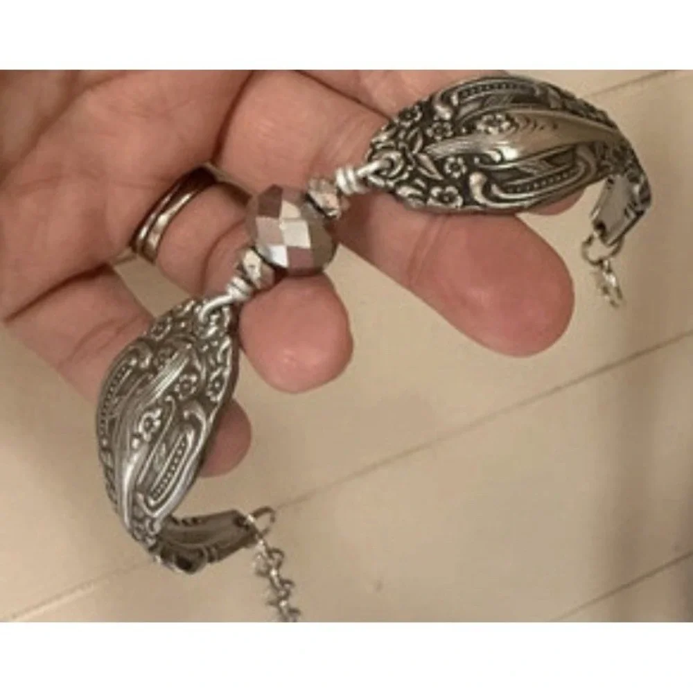 Silverware Spoon Bracelet Ornate Silver Tone Faceted Bead Adjustable Clasp